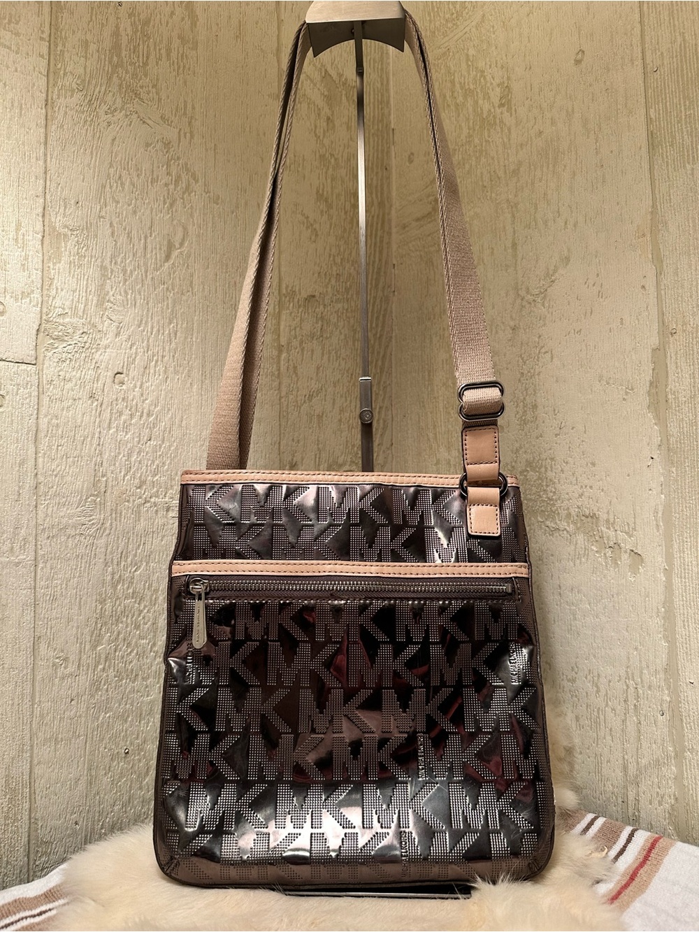 Michael Kors Metallic Bronze Patent MK Crossbody Bag